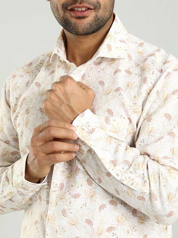 Indian Terrain Men's Slim Fit Full Sleeve All Over Print Off White Shirt